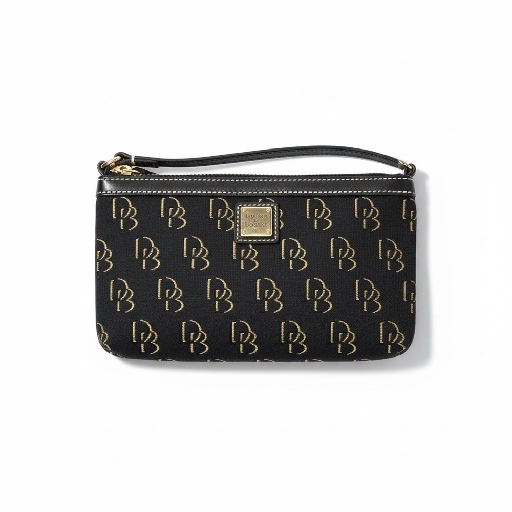 Dooney & Bourke Vintage 1975 Signature Wristlet Black Coated Canvas Tan Trim